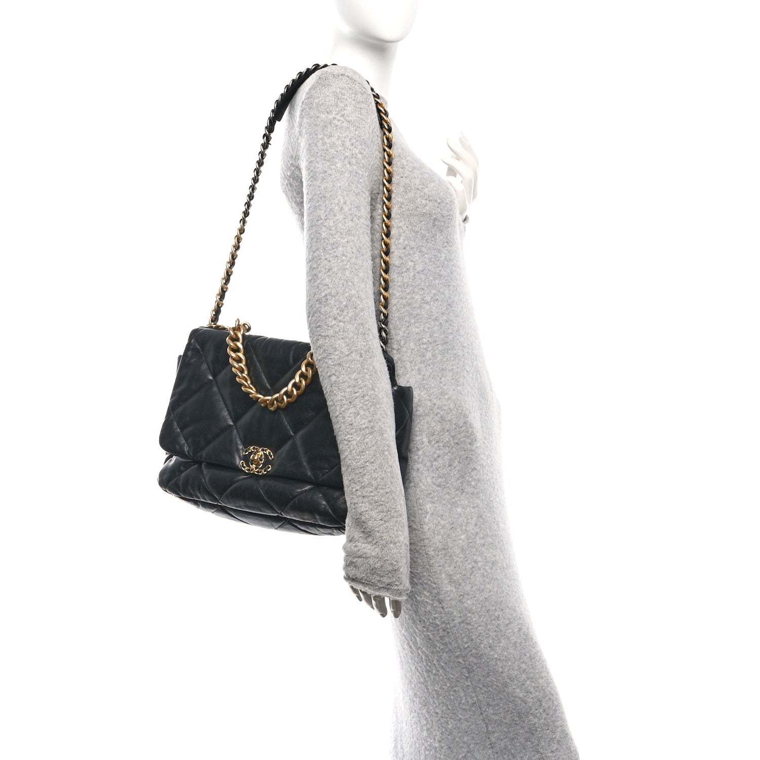 Chanel Shiny Goatskin Quilted Maxi Chanel 19 Flap Black