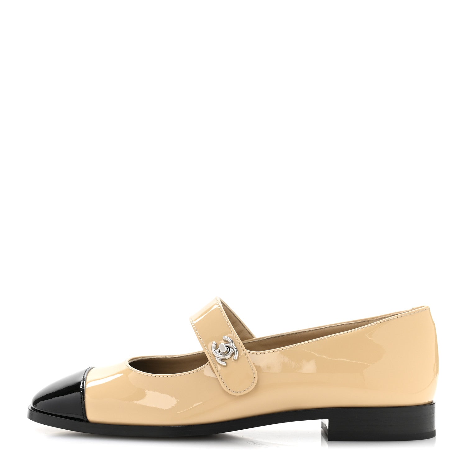 Patent Calfskin Mary Janes Flats 37 Beige Black