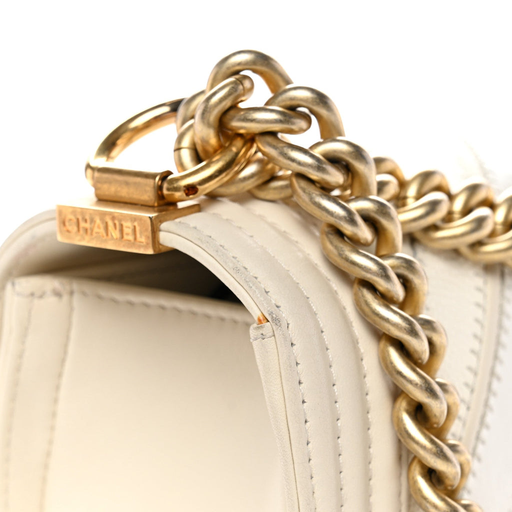 Chanel Caviar Suede Calfskin Chevron Medium Boy Flap White