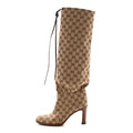 Gucci Monogram Malaga Kid Lisa Mid Heel Boots 37.5 Beige Ebony