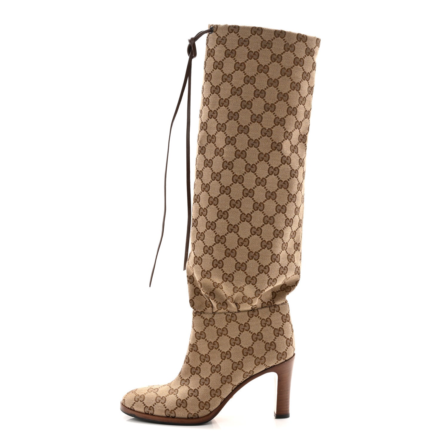 Gucci Monogram Malaga Kid Lisa Mid Heel Boots 37.5 Beige Ebony