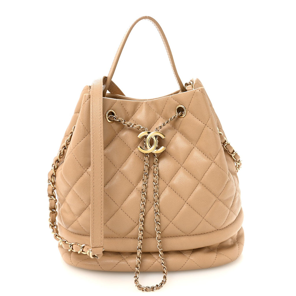 Chanel Caviar Quilted Large Rolled Up Bucket Drawstring Bag Beige