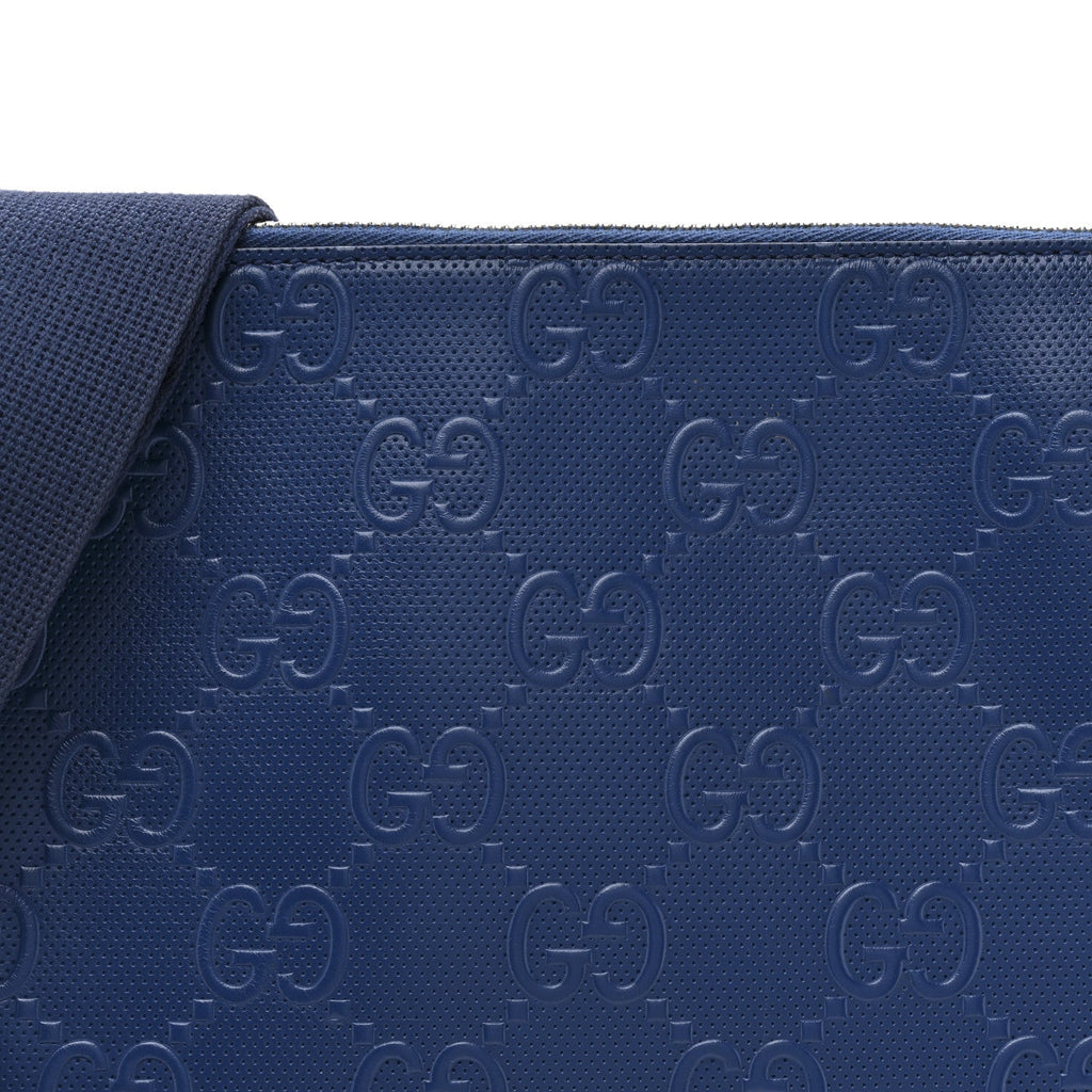 Gucci Calfskin GG Tennis Embossed Medium Wristlet Messenger Bag Intense Metal Blue