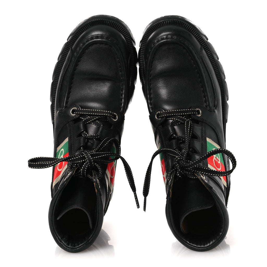 Gucci Quebec Calfskin Web Womens Interlocking G Lace Up Combat Boots 38 Black Mystic White Green Red
