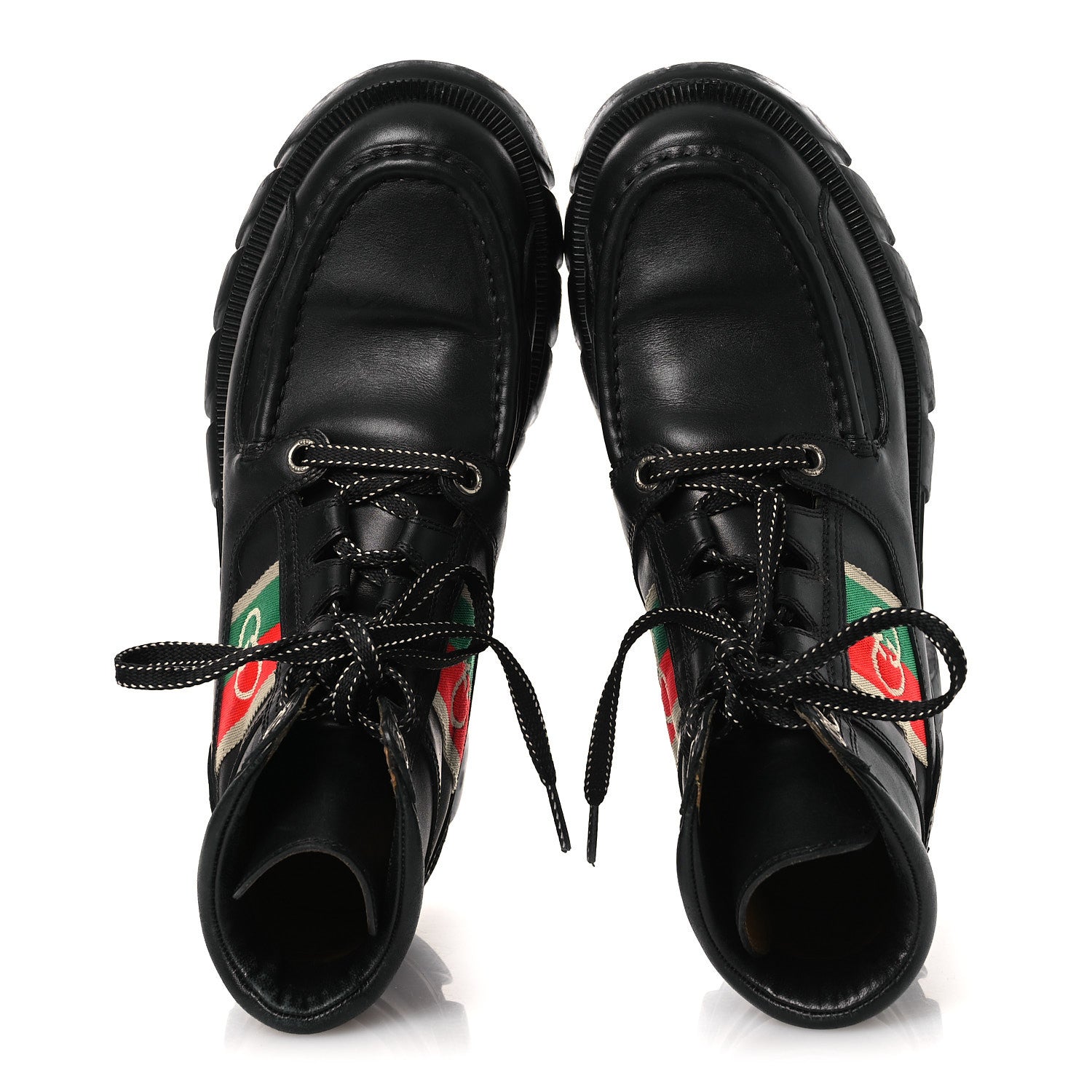 Gucci Quebec Calfskin Web Womens Interlocking G Lace Up Combat Boots 38 Black Mystic White Green Red