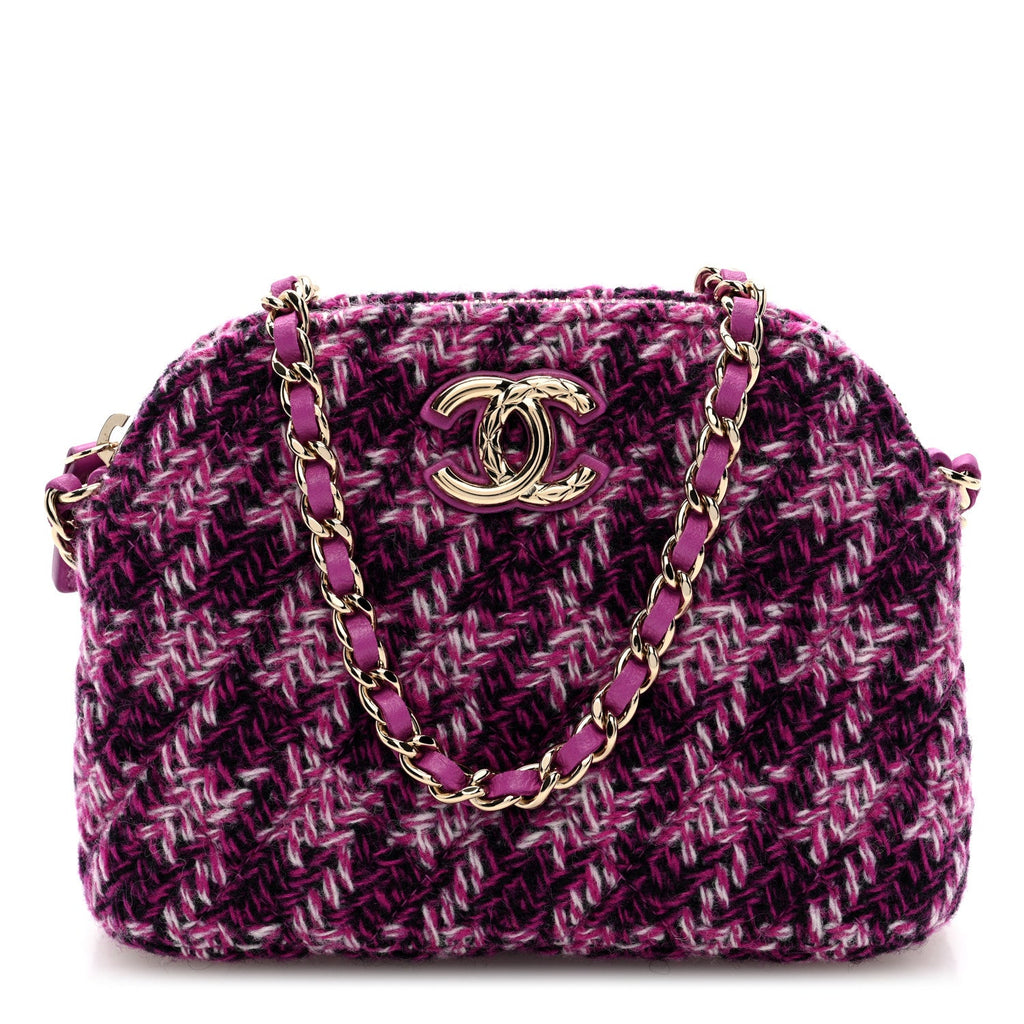 Chanel Tweed Quilted Mini Clutch With Chain Purple