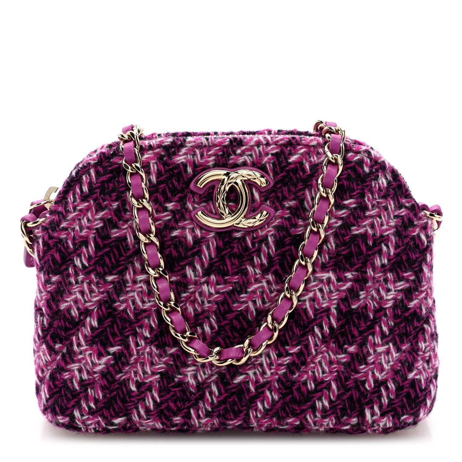 Chanel Tweed Quilted Mini Clutch With Chain Purple