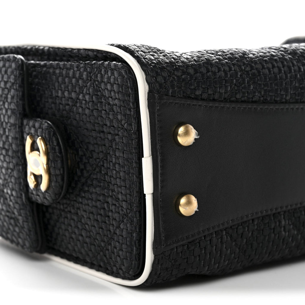 Chanel Braided Raffia Calfskin Quilted Mini Chanel 25 Handbag Black White