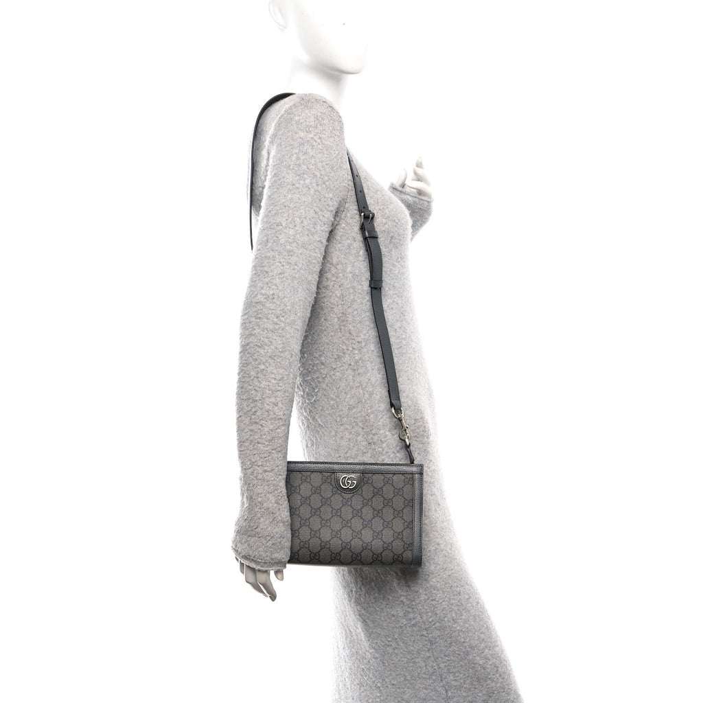 Gucci GG Supreme Monogram Textured Dollar Calfskin Web Small Ophidia Shoulder Bag Grey Black Graphite Grey