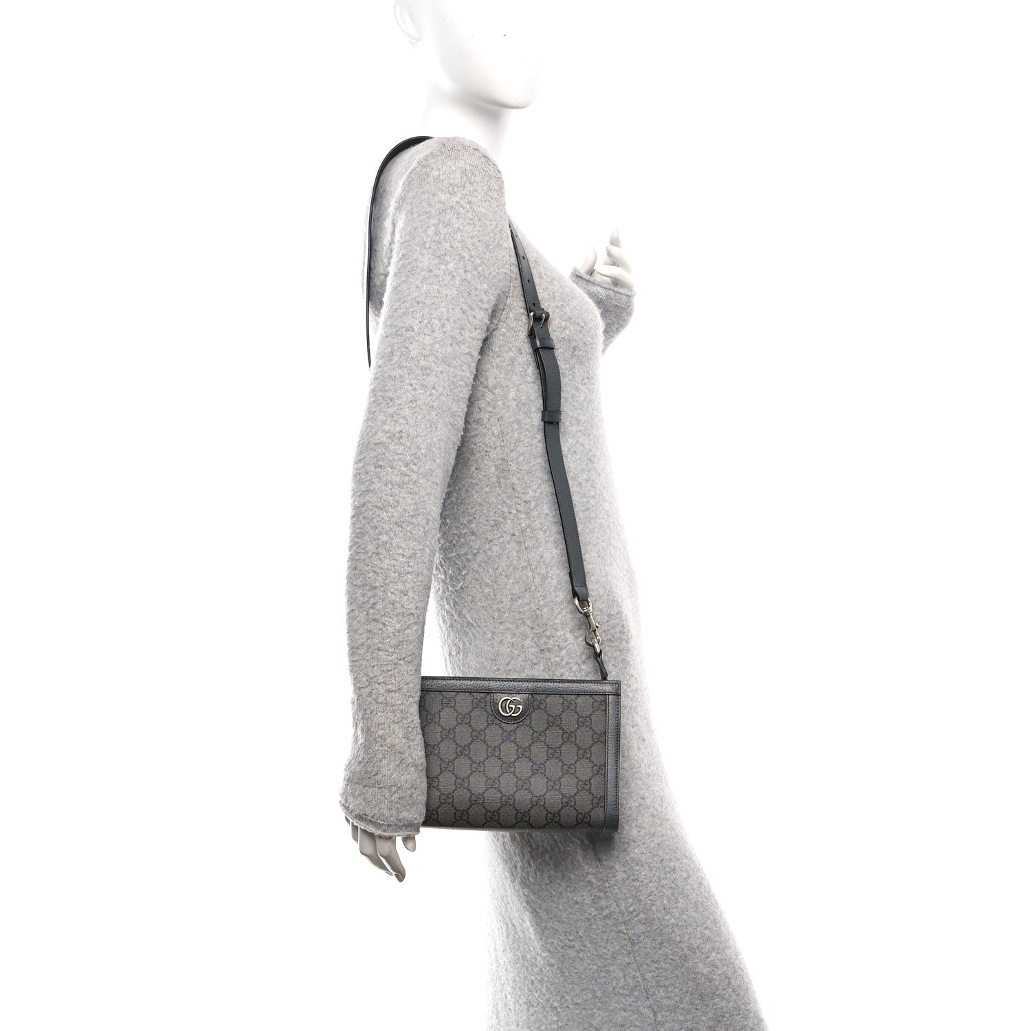 Gucci GG Supreme Monogram Textured Dollar Calfskin Web Small Ophidia Shoulder Bag Grey Black Graphite Grey