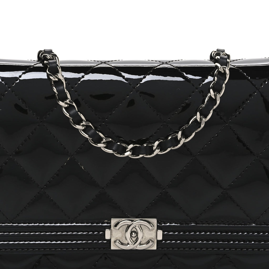 Chanel Patent Calfskin Quilted Boy Wallet On Chain WOC Black