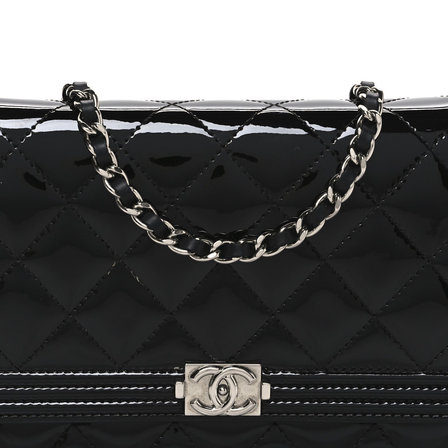 Chanel Patent Calfskin Quilted Boy Wallet On Chain WOC Black