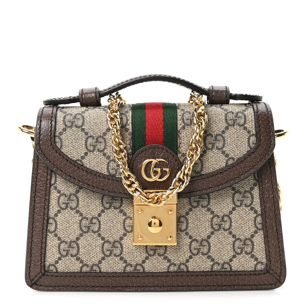 Gucci GG Supreme Monogram Textured Dollar Calfskin Web Mini Ophidia Padlock Top Handle Chain Shoulder Bag Beige Ebony New Acero