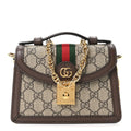 Gucci GG Supreme Monogram Textured Dollar Calfskin Web Mini Ophidia Padlock Top Handle Chain Shoulder Bag Beige Ebony New Acero