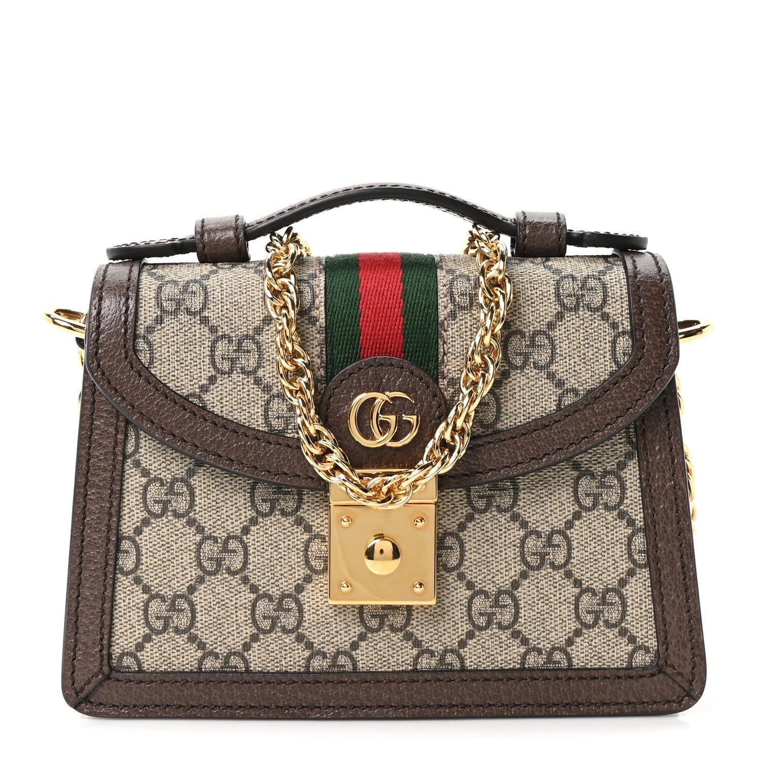 Gucci GG Supreme Monogram Textured Dollar Calfskin Web Mini Ophidia Padlock Top Handle Chain Shoulder Bag Beige Ebony New Acero