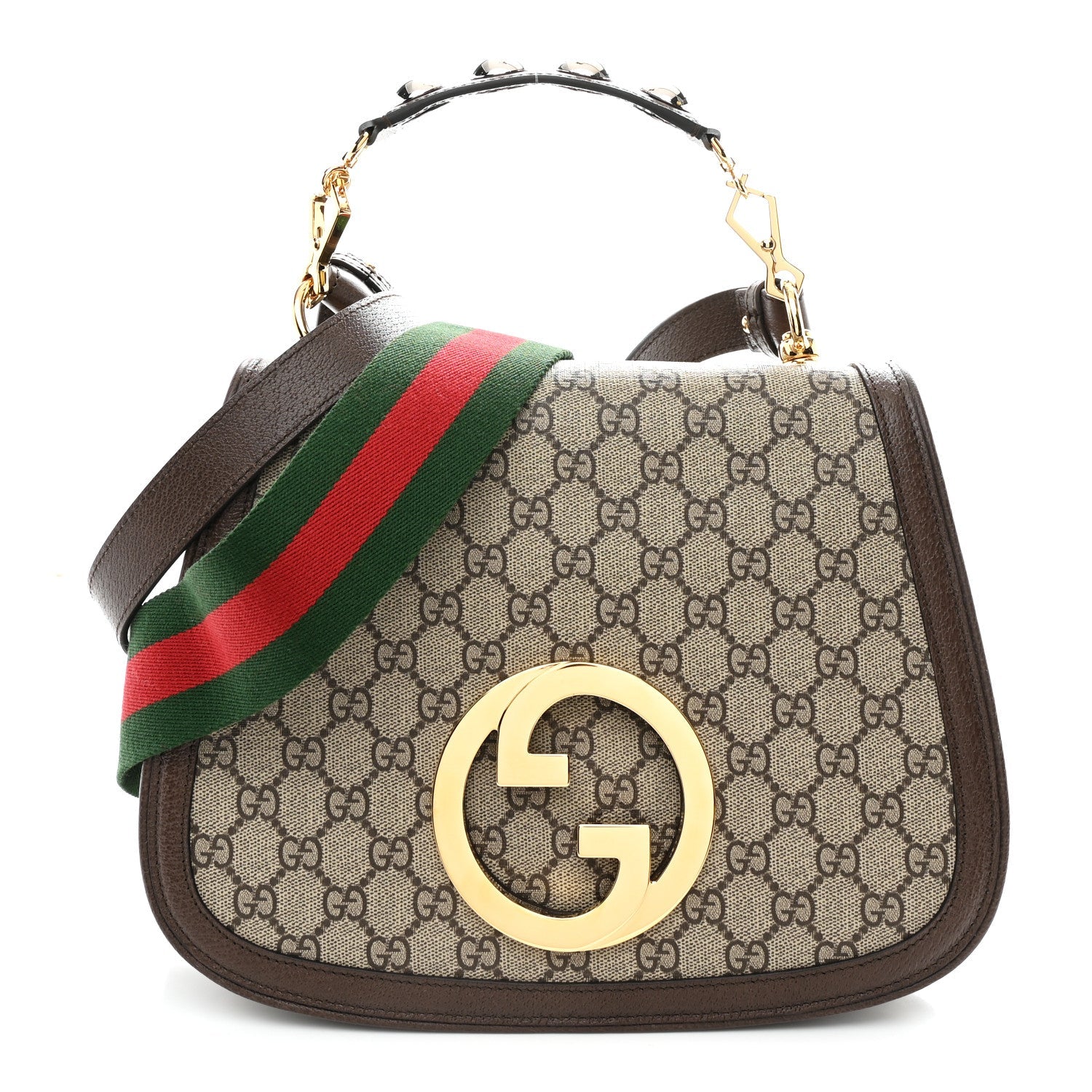 Gucci GG Supreme Monogram Textured Dollar Calfskin Web Medium Blondie Top Handle Shoulder Flap Bag Beige Ebony New Acero