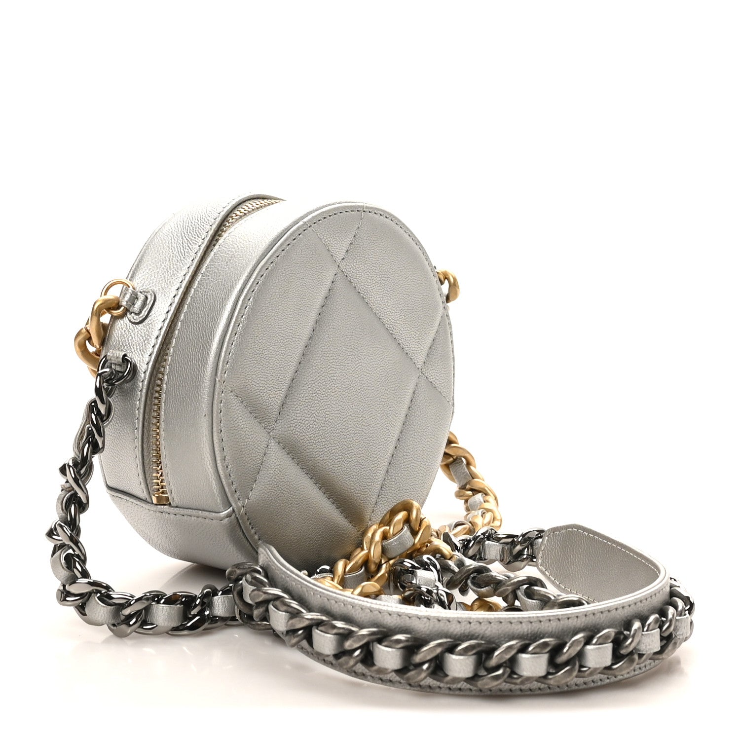 Chanel Metallic Lambskin Quilted Chanel 19 Round Clutch With Chain Silver