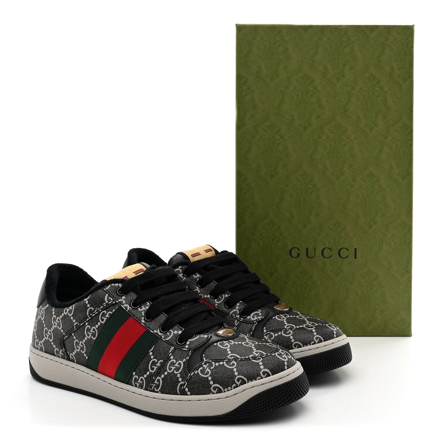 Gucci GG Supreme Monogram Miro Soft Calfskin Web Mens Screener Sneakers 8.5 Black Grey Sky