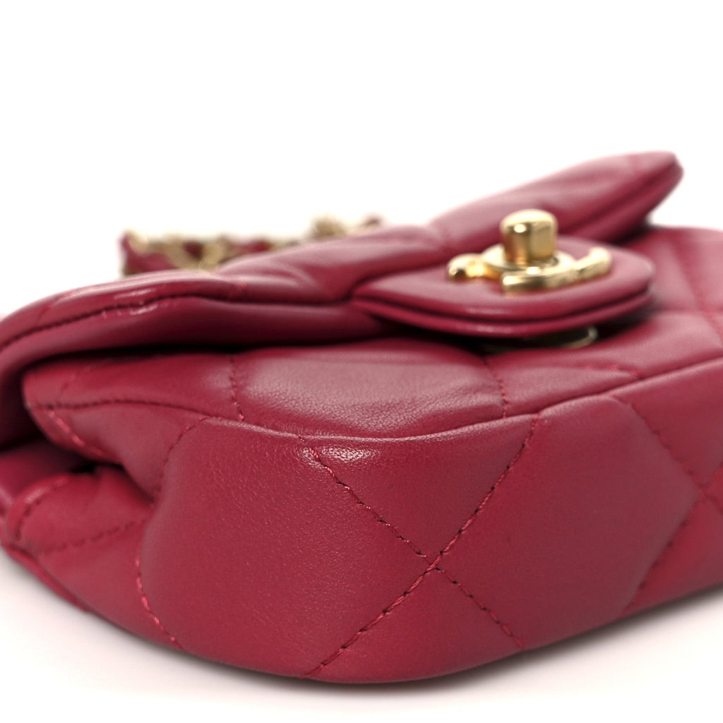 Chanel Calfskin Quilted Lady Handle Flap Card Holder With Chain Dark Pink