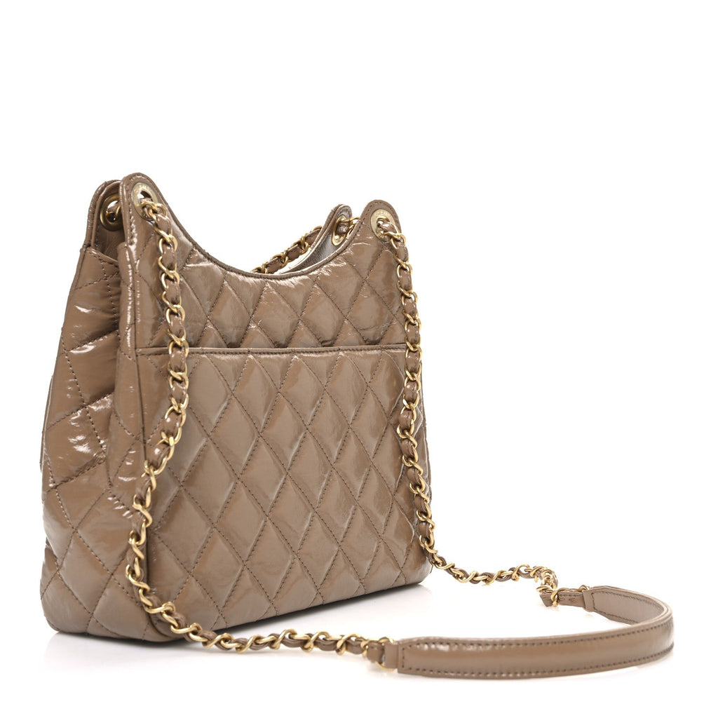 Chanel Shiny Crumpled Calfskin Quilted Wavy CC Hobo  Dark Beige