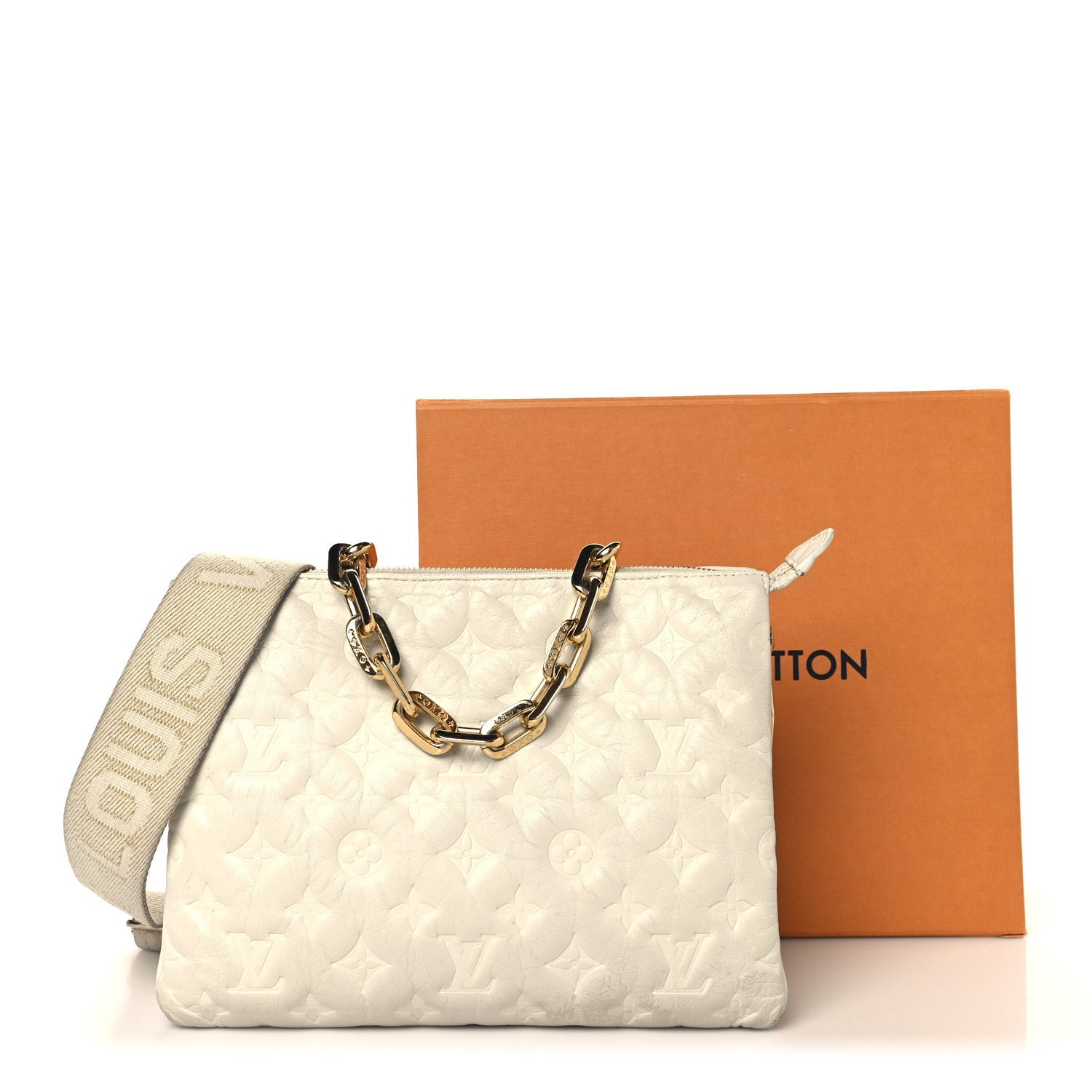 Louis Vuitton Lambskin Embossed Monogram Coussin PM Beige Cream