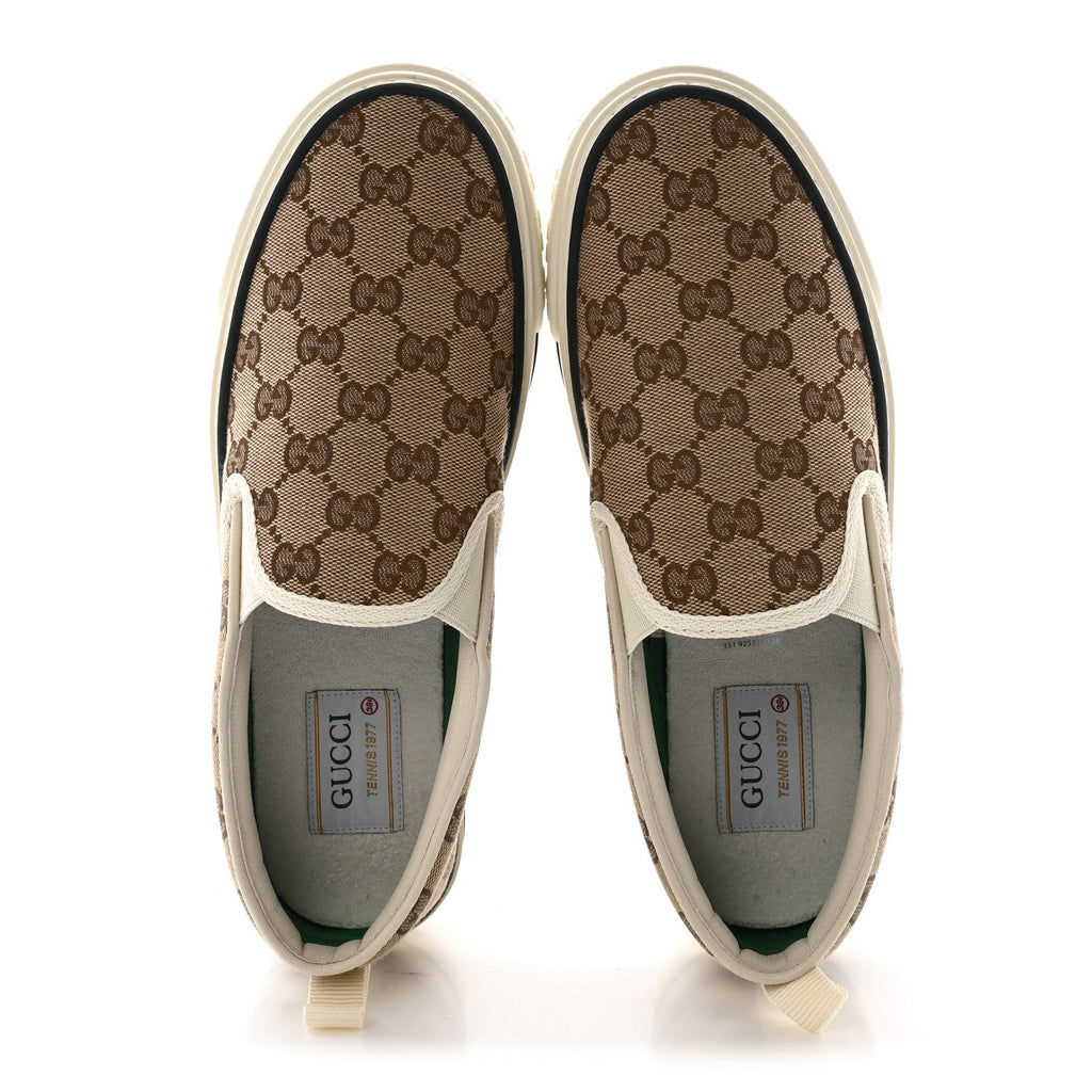 Gucci GG Monogram Womens 1977 Tennis Slip On 30mm Sneakers 38.5 Beige Ebony Mystic White