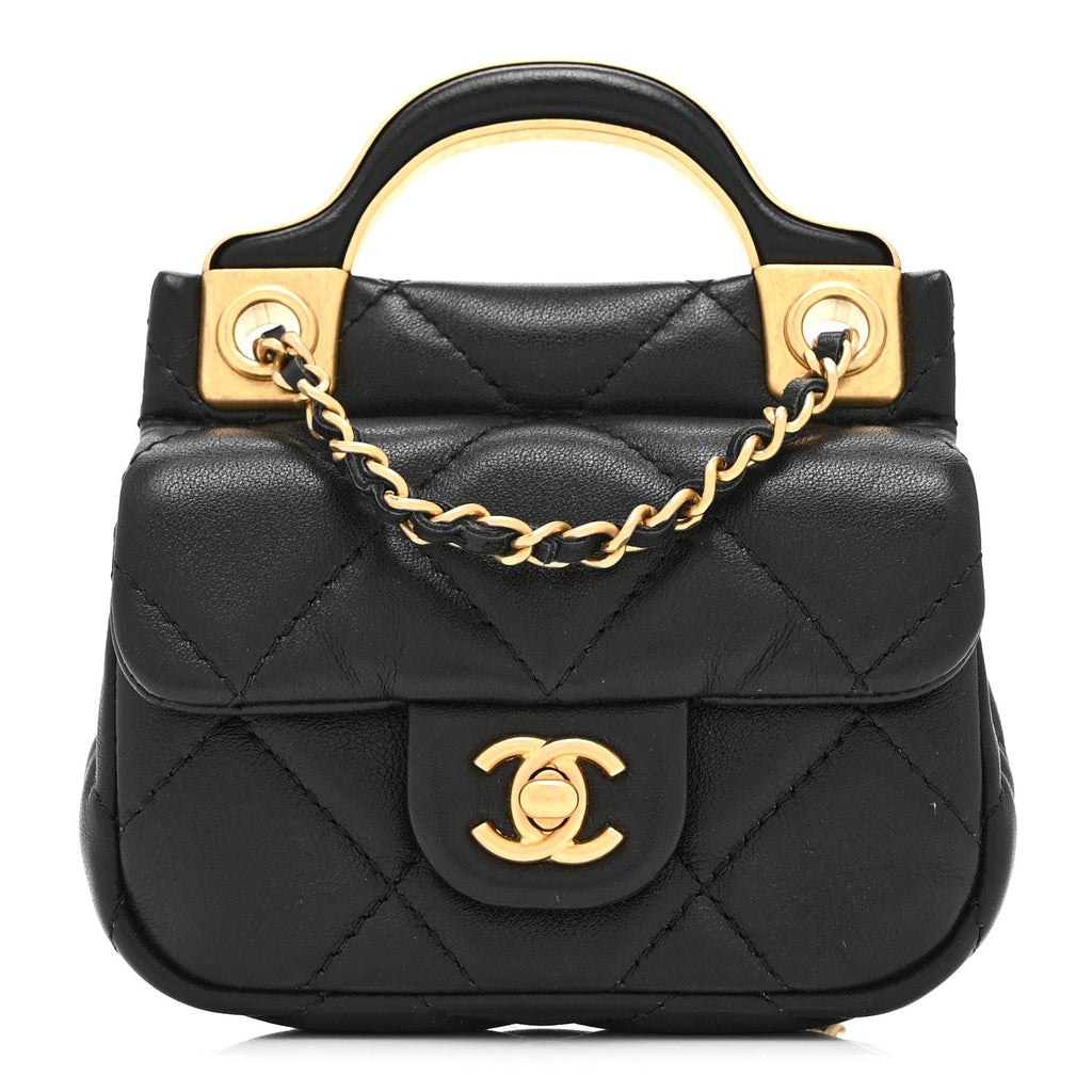 Chanel Calfskin Quilted Lady Handle Flap Card Holder With Chain Black