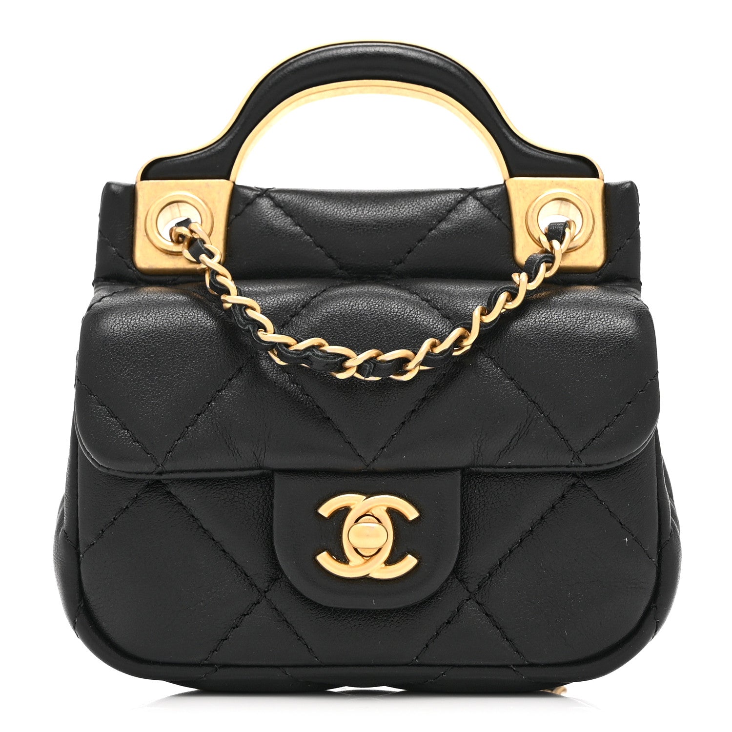 Chanel Calfskin Quilted Lady Handle Flap Card Holder With Chain Black