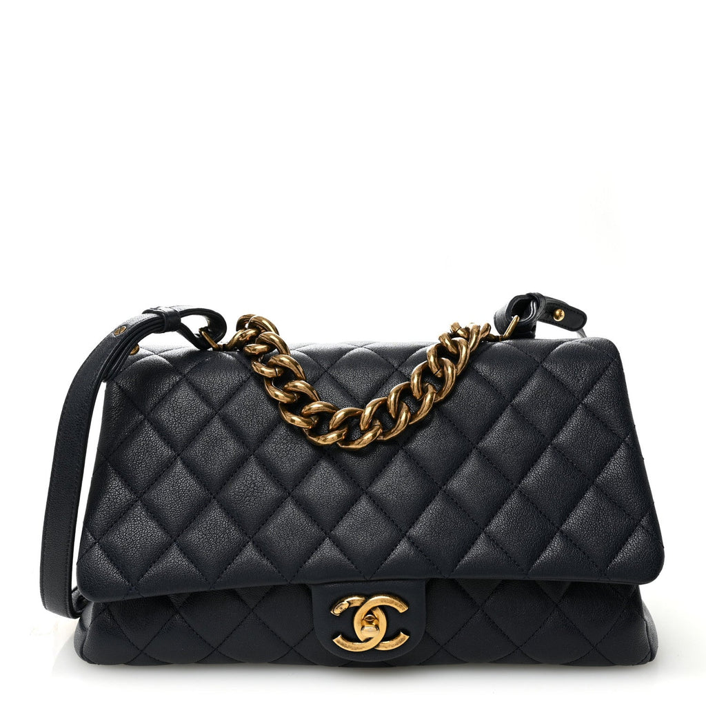 Chanel Shiny Sheepskin Quilted Large Trapezio Flap Navy