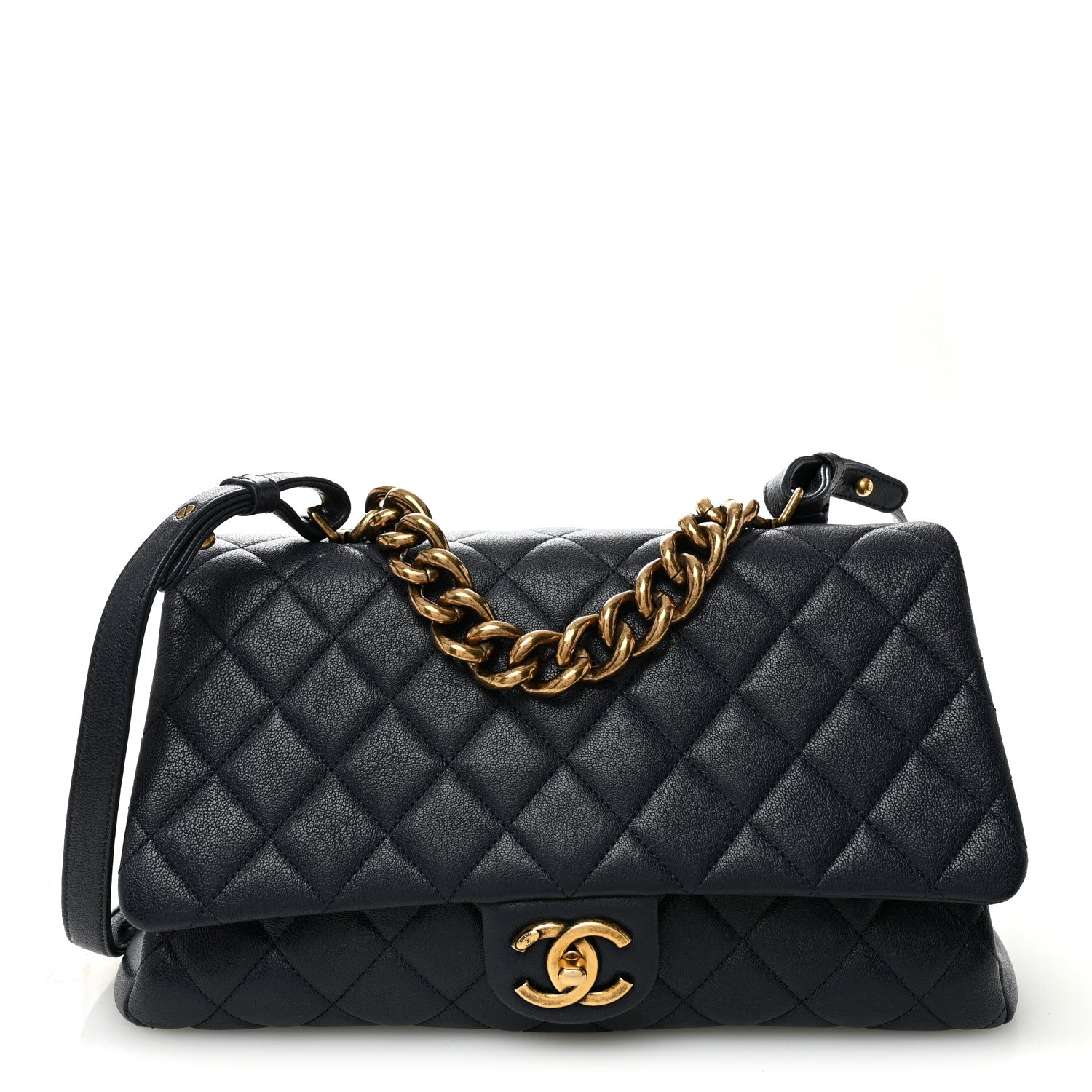 Chanel Shiny Sheepskin Quilted Large Trapezio Flap Navy