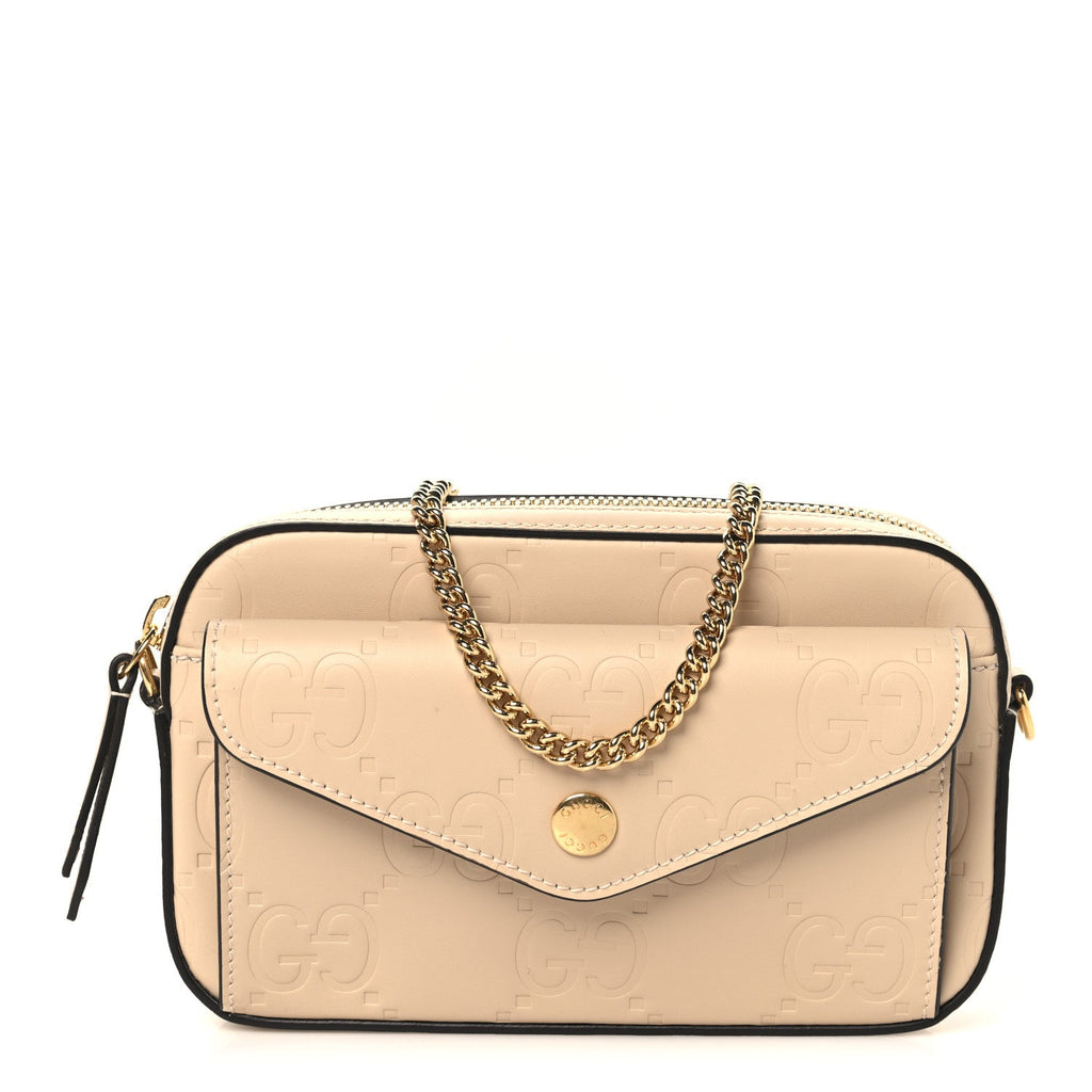 Gucci Calfskin GG Super Mini Debossed Chain Wallet Light Beige