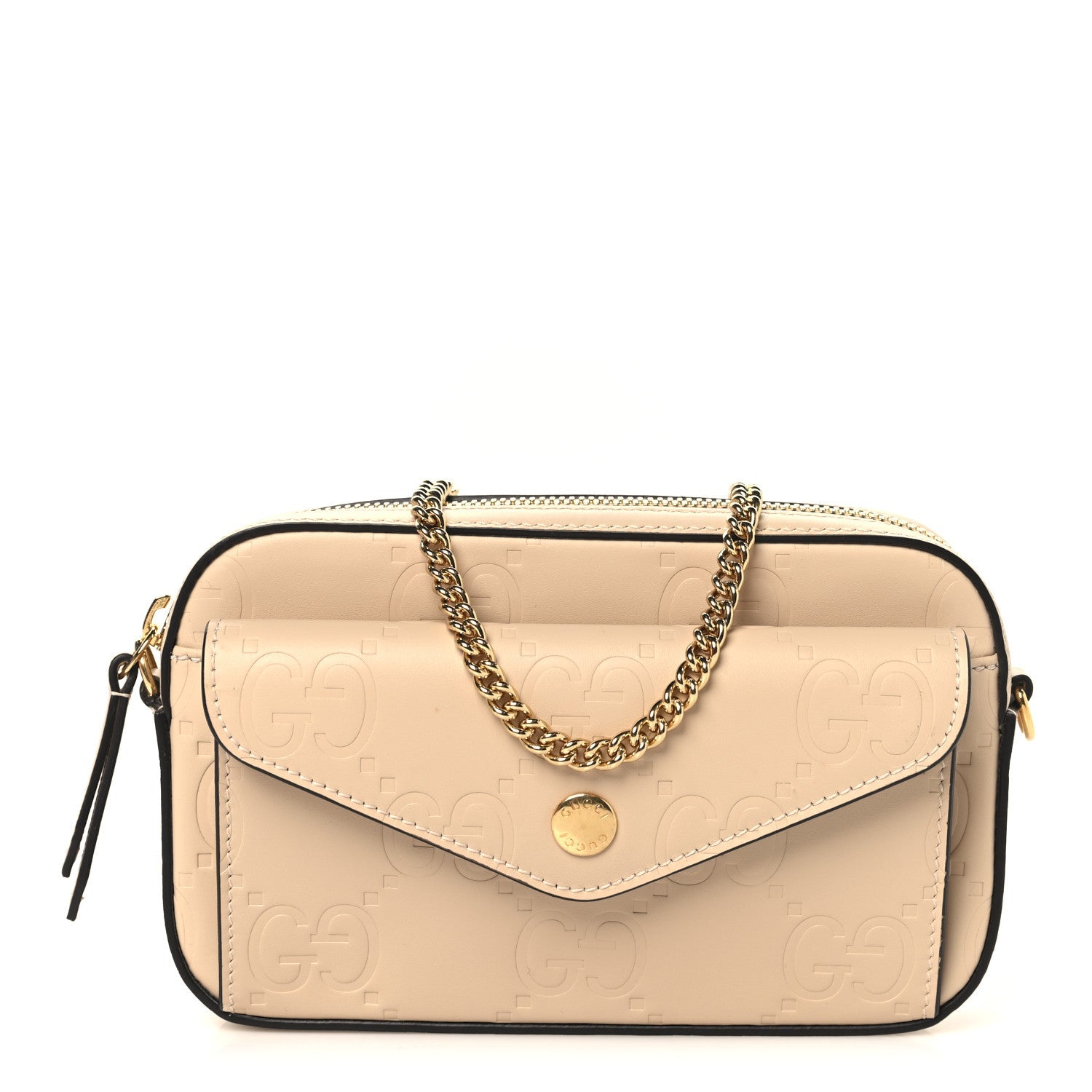 Gucci Calfskin GG Super Mini Debossed Chain Wallet Light Beige