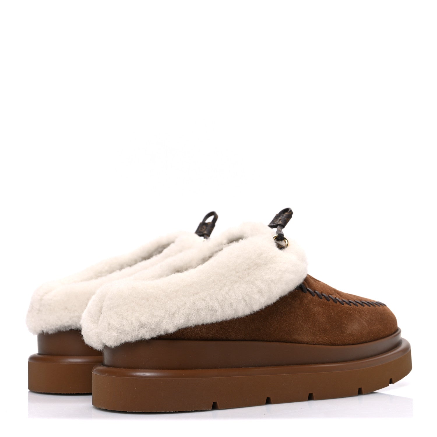 Louis Vuitton Suede Calfskin Shearling Monogram Debossed Cortina Closed Mule 38 Light Beige