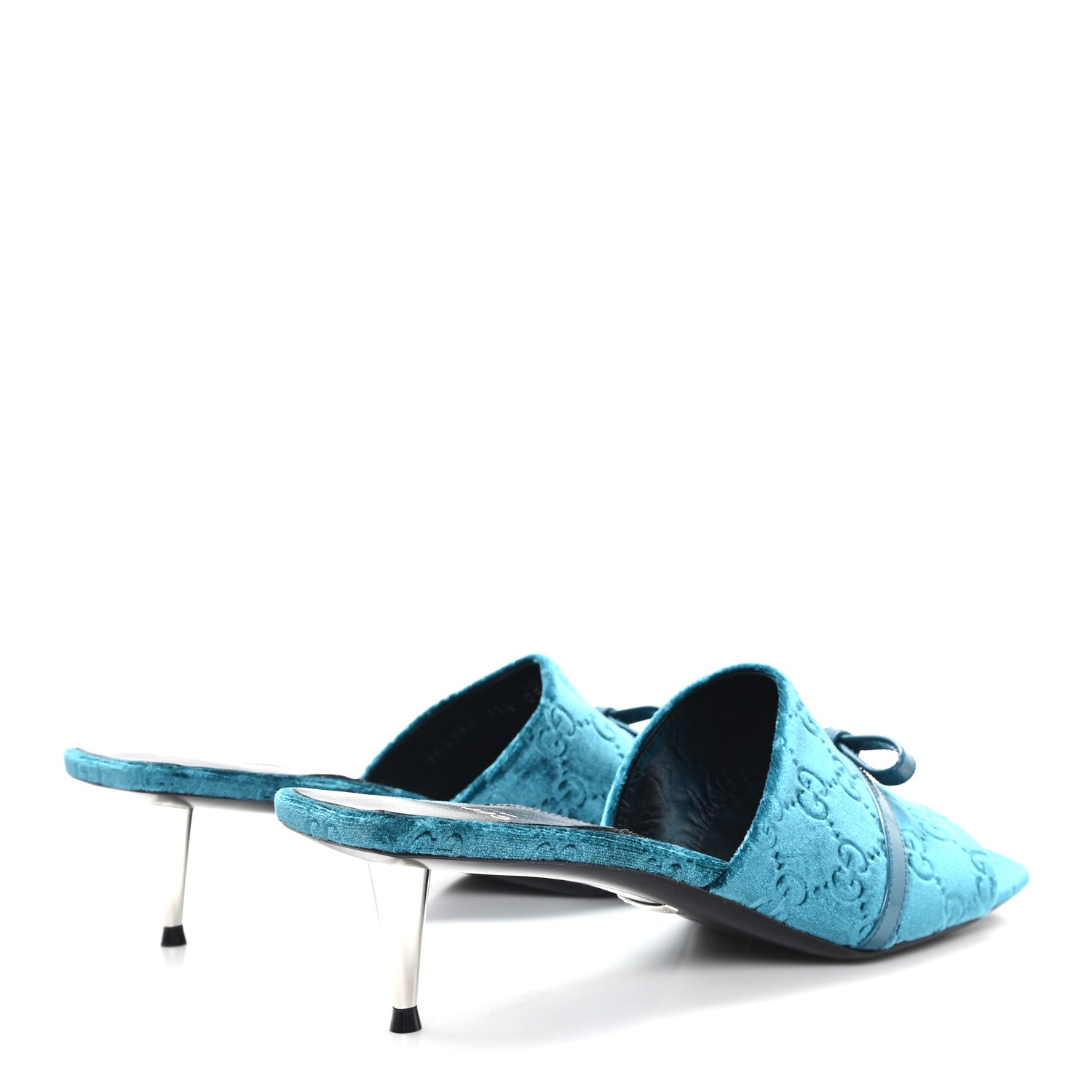 Gucci New Velvet Ashmir Regent Calfskin GG Monogram Square Toe Bow 45mm Slide Sandals Peacock Blue 39.5