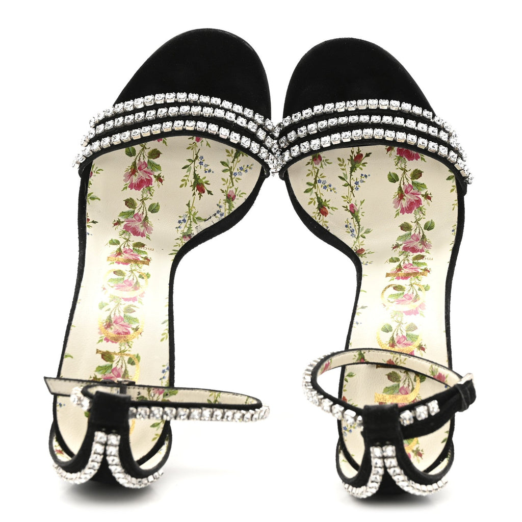 Gucci Kid Scamosciato Crystal Ankle Strap High Heel Sandals 36.5 Black