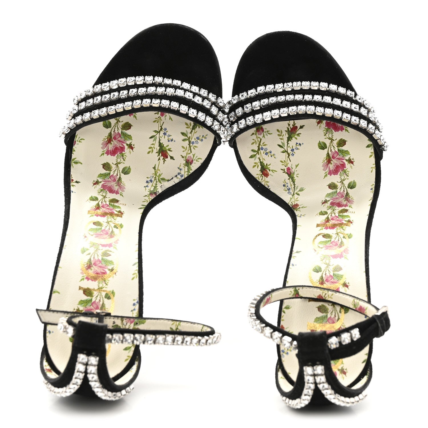 Gucci Kid Scamosciato Crystal Ankle Strap High Heel Sandals 36.5 Black