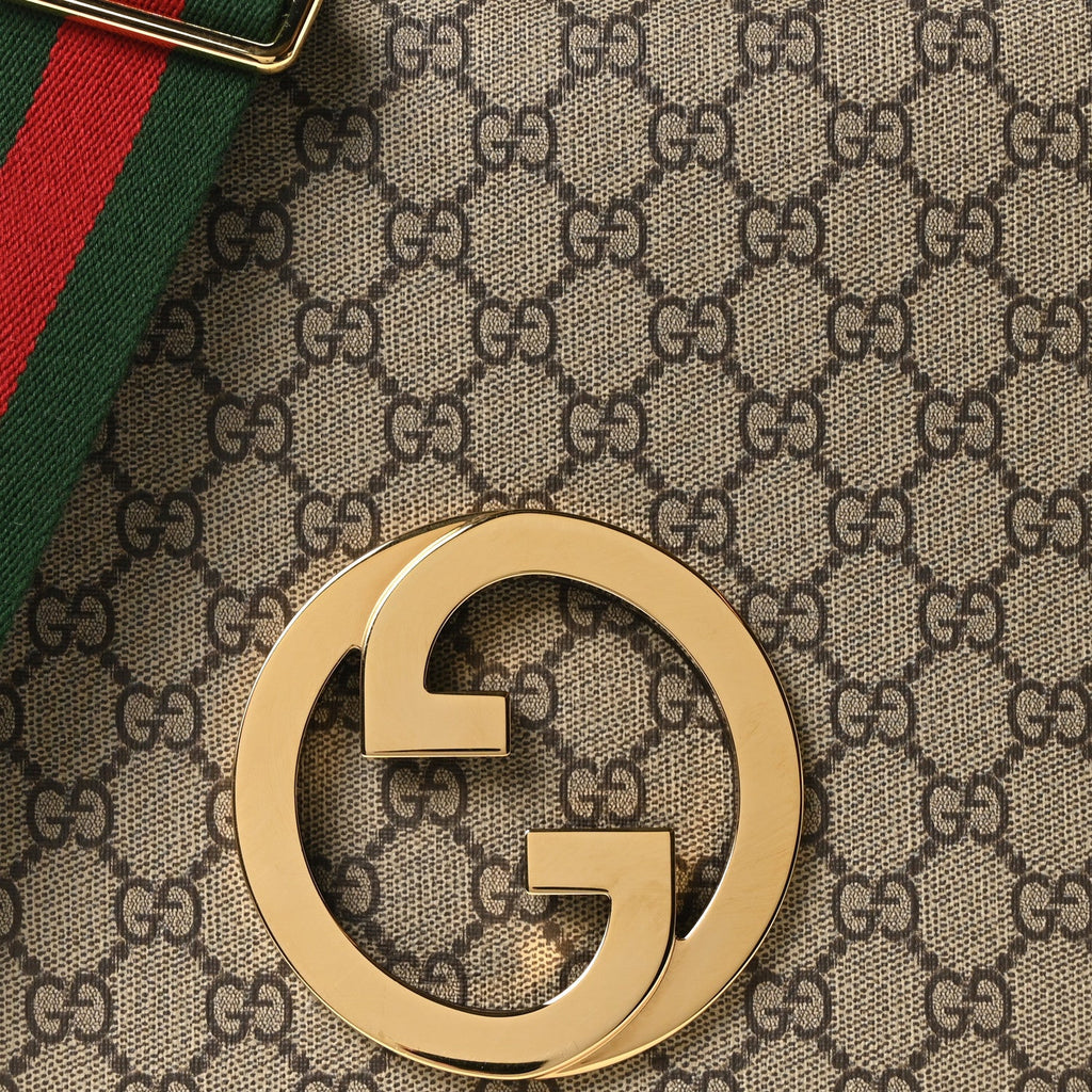 Gucci GG Supreme Monogram Textured Dollar Calfskin Web Medium Blondie Shoulder Flap Bag Beige Ebony New Acero
