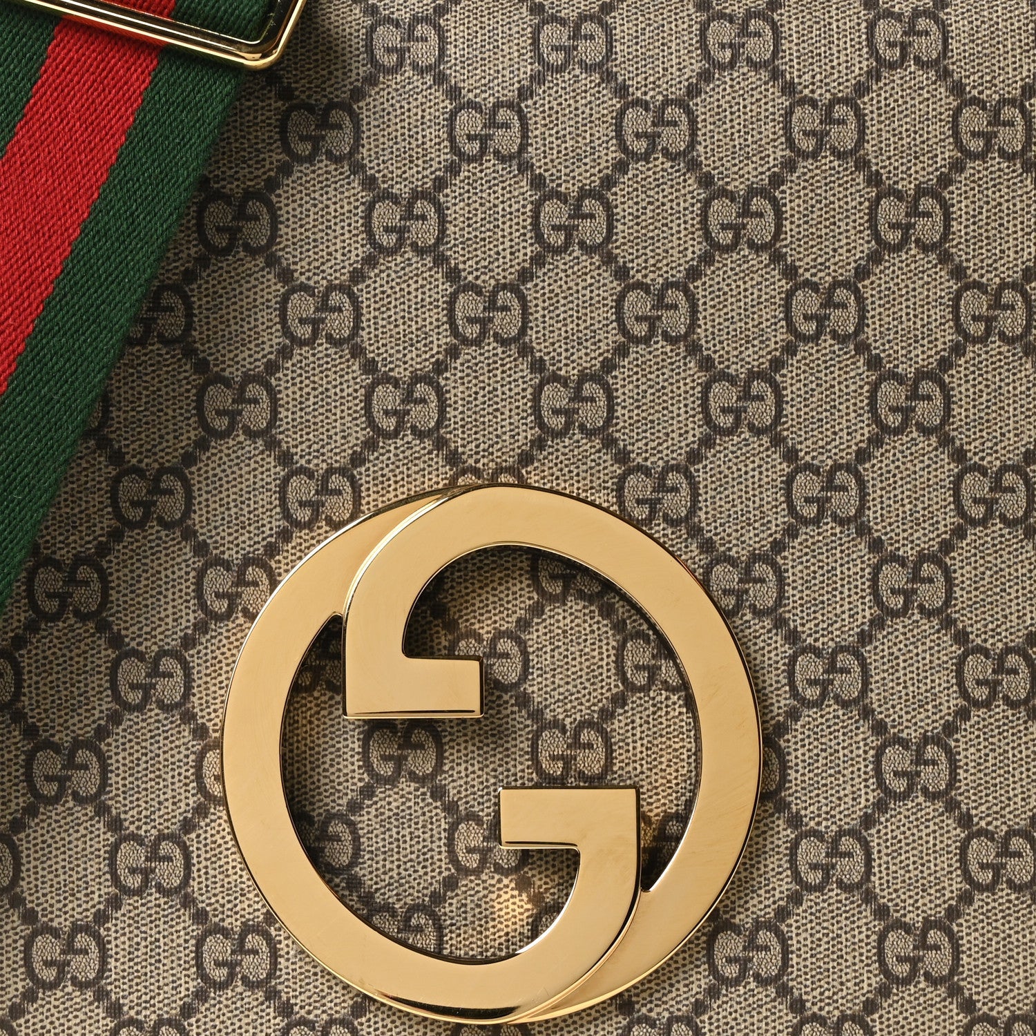 Gucci GG Supreme Monogram Textured Dollar Calfskin Web Medium Blondie Shoulder Flap Bag Beige Ebony New Acero