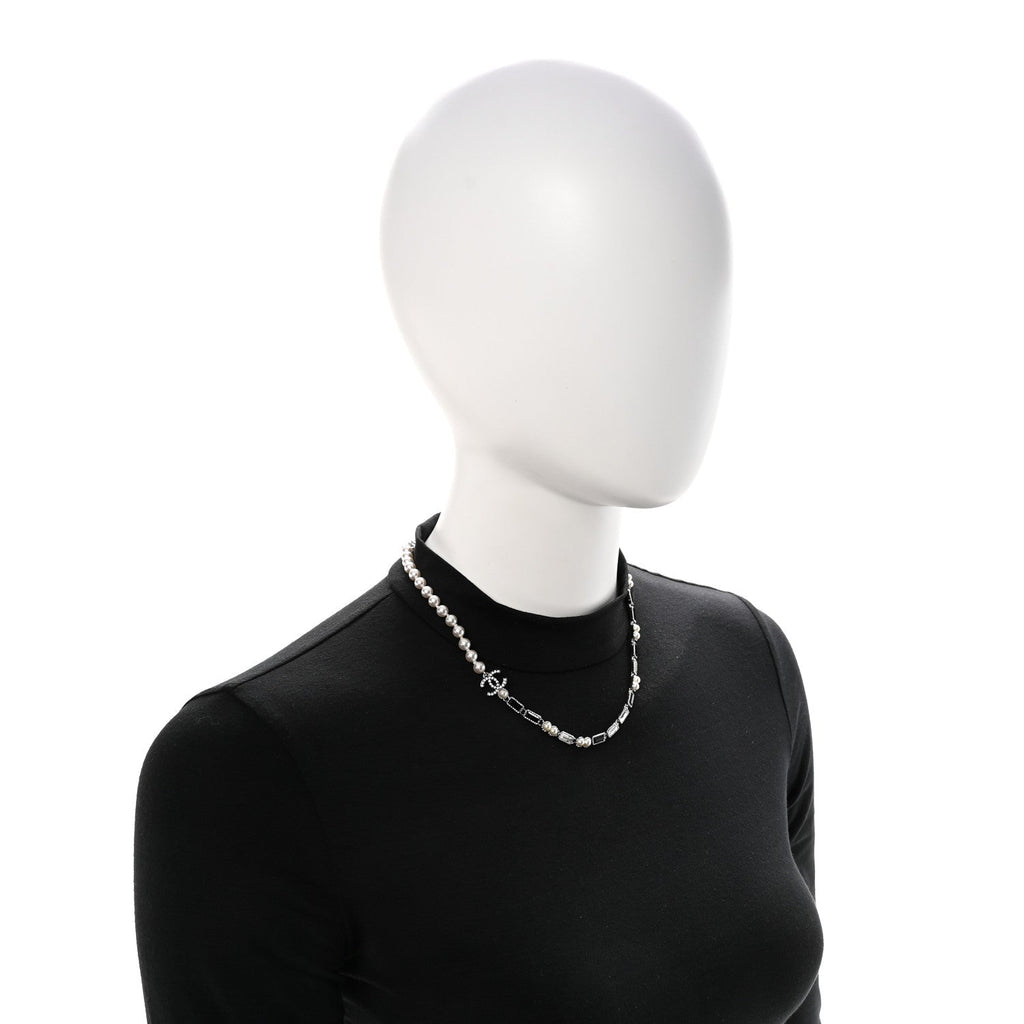 Pearl Baguette Crystal CC Choker Necklace Silver Black