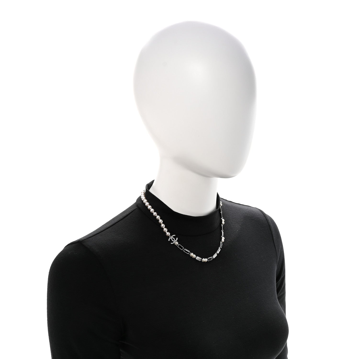 Pearl Baguette Crystal CC Choker Necklace Silver Black