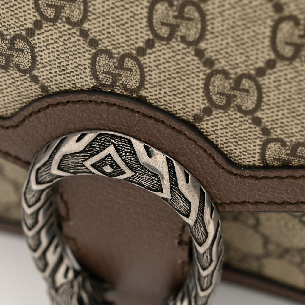 Gucci GG Supreme Monogram Textured Dollar Calfskin Top Handle Dionysus Shoulder Bag Beige Ebony New Acero