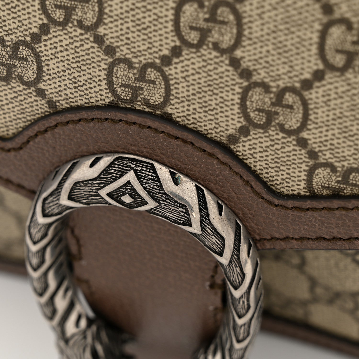 Gucci GG Supreme Monogram Textured Dollar Calfskin Top Handle Dionysus Shoulder Bag Beige Ebony New Acero