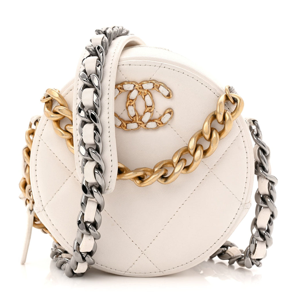 Chanel Shiny Goatskin Quilted Chanel 19 Round Clutch With Chain White