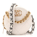 Chanel Shiny Goatskin Quilted Chanel 19 Round Clutch With Chain White