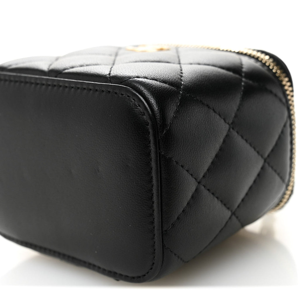 Chanel Lambskin Quilted Mini Pearl Crush Vanity Case With Chain Black