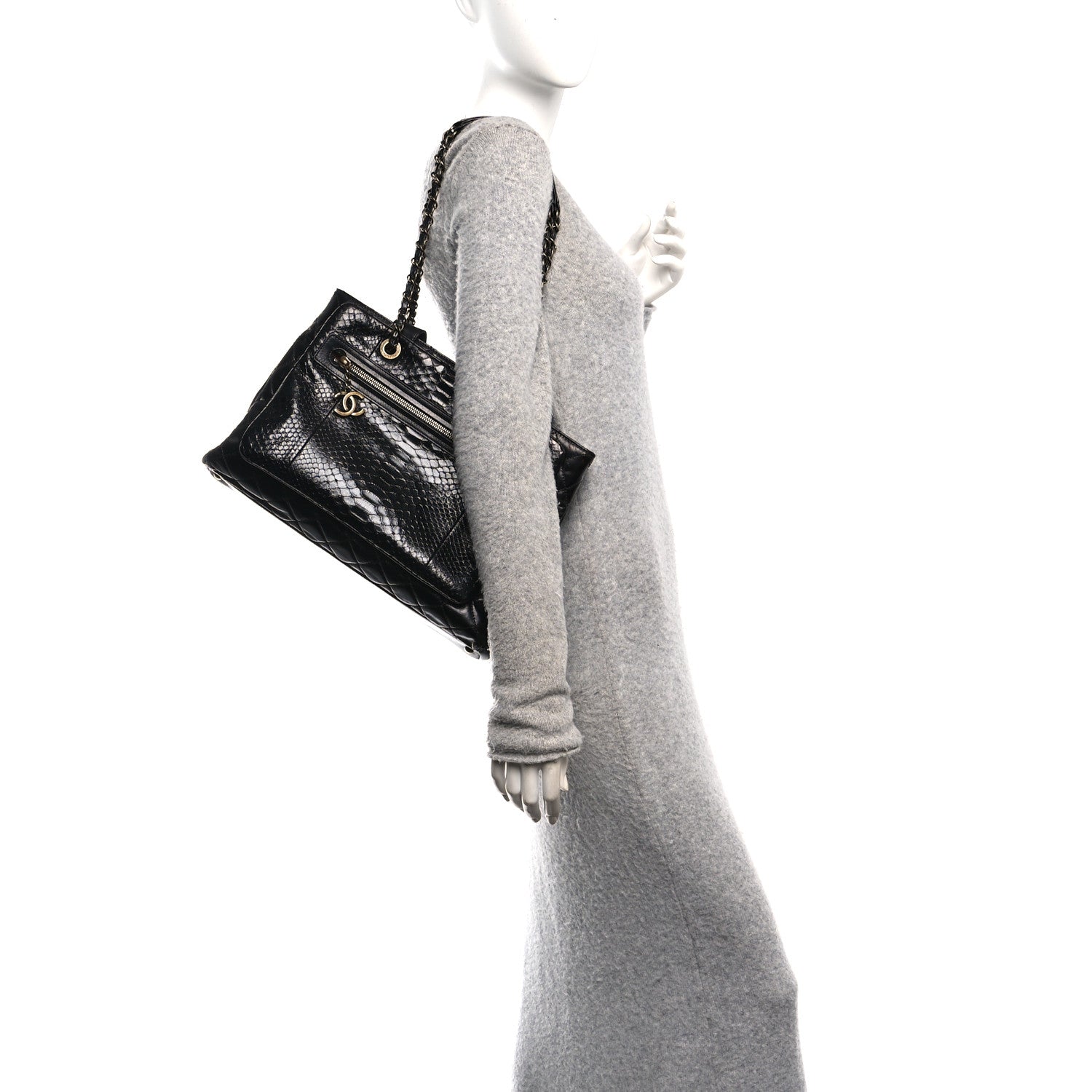 Chanel Snakeskin Glazed Calfskin Quilted Urban Mix Tote Black