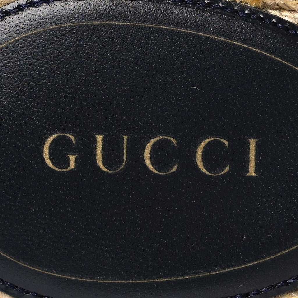 Gucci Macrochet Raffia Logo Flat Slide Espadrille Sandals 37.5 Blue Great White