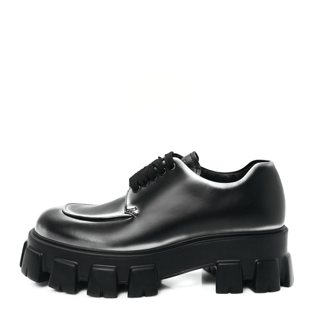 Prada Spazzolato Rois Sfumato Monolith 55mm Derby Loafers 5.5 Black Argento