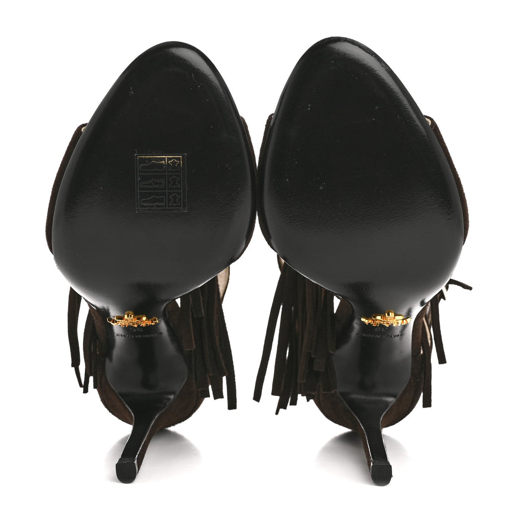 Prada Suede Fringe Peep Toe Sandal 36 Moro