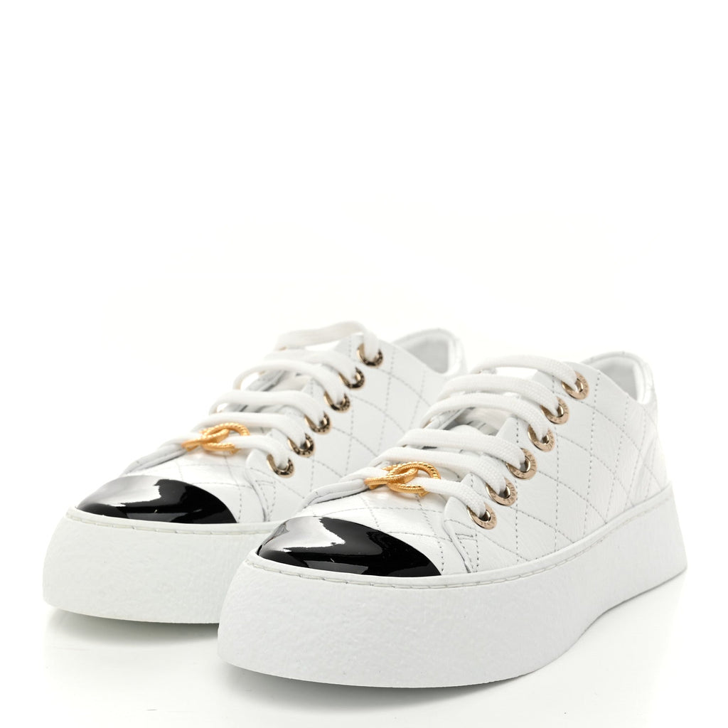 Crumpled Lambskin Patent Cap Toe CC Stitched Sneakers 35.5 White Black
